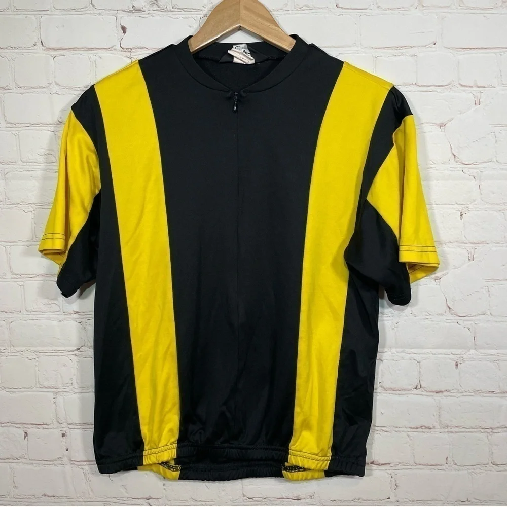 Bellwether Cycling Jersey Mens Medium Yellow Black Short Sleeve 1/4 Zip Striped